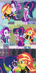 Size: 1800x3642 | Tagged: safe, artist:spottedlions, sci-twi, starlight glimmer, sunset shimmer, twilight sparkle, equestria girls, mirror magic, spoiler:eqg specials, canterlot high, clothes, comforting, counterparts, courtyard, eyes closed, female, glasses, hat, jacket, jealous, leather jacket, lesbian, magical trio, meme, open mouth, romantic jealousy, scitwishimmer, shipping, shipping war, smug, smuglight glimmer, sunsetsparkle, waifu thief
