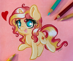 Size: 3548x2979 | Tagged: safe, artist:emberslament, sunset shimmer, pony, unicorn, chibi, colored pencil drawing, colored pencils, cute, female, heart, mare, photo, shimmerbetes, smiling, solo, traditional art