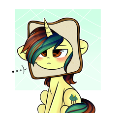 Size: 2639x2429 | Tagged: safe, artist:thieftea, oc, oc only, oc:northern spring, unicorn, ..., blushing, bread, bread head, female, food, freckles, simple background, sitting, solo, unamused