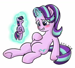 Size: 1439x1305 | Tagged: safe, artist:z-y-c, starlight glimmer, twilight sparkle, twilight sparkle (alicorn), alicorn, pony, unicorn, blushing, cute, embarrassed, female, glimmerbetes, glowing horn, lesbian, levitation, magic, mare, plushie, shipping, simple background, smiling, telekinesis, toy, twistarlight, white background