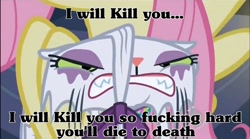 Size: 1000x557 | Tagged: safe, edit, edited screencap, screencap, fluttershy, opalescence, pegasus, pony, sweet and elite, angry, caption, death threat, eyeshadow, frown, gritted teeth, opalabuse, rage, redundant, threat, vulgar, wet