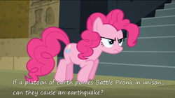 Size: 800x447 | Tagged: safe, pinkie pie, earth pony, pony, daring don't, battle pronking, female, frown, glare, insane pony thread, mare, pronking, solo, text