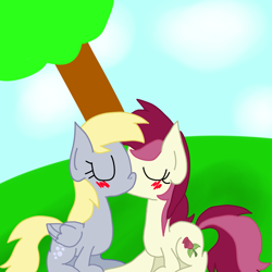 Size: 999x999 | Tagged: safe, artist:mmdfantage, derpy hooves, roseluck, pegasus, pony, blushing, derpyluck, eyes closed, female, kissing, lesbian, mare, shipping, sitting, sky, tree