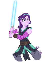 Size: 763x1046 | Tagged: safe, artist:erenerakhard, derpibooru exclusive, starlight glimmer, equestria girls, digital art, lightsaber, rey, simple background, solo, star wars, star wars: the last jedi, transparent background, weapon