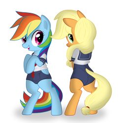 Size: 4200x4200 | Tagged: safe, artist:dolphinfox, artist:tex, derpibooru import, applejack, rainbow dash, earth pony, pegasus, pony, absurd resolution, bipedal, clothes, one-piece swimsuit, school swimsuit, school uniform, simple background, swimsuit, transparent background, vector