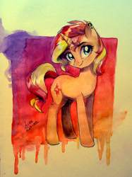 Size: 1280x1709 | Tagged: safe, artist:sapraitlond, sunset shimmer, pony, unicorn, abstract background, backwards cutie mark, ear piercing, piercing, smiling, solo, traditional art, watercolor painting