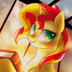 Size: 1500x1500 | Tagged: safe, artist:renokim, sunset shimmer, pony, unicorn, backlighting, book, colored pupils, eye reflection, female, mare, reflection, smiling, solo