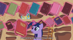 Size: 854x469 | Tagged: safe, derpibooru import, screencap, twilight sparkle, unicorn twilight, unicorn, secret of my excess, book, female, glowing horn, golden oaks library, horn, library, magic, mare, telekinesis, youtube caption