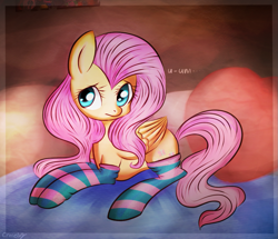 Size: 997x856 | Tagged: safe, artist:crocelif, fluttershy, pegasus, pony, clothes, socks, solo, striped socks