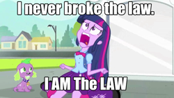 Size: 795x449 | Tagged: safe, derpibooru import, edit, edited screencap, screencap, spike, twilight sparkle, dog, equestria girls, equestria girls (movie), duo, exploitable meme, i am the law, judge dredd, meme, spike the dog, twiscream