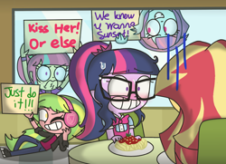 Size: 1280x928 | Tagged: safe, artist:psychodiamondstar, lemon zest, sci-twi, sour sweet, sunny flare, sunset shimmer, twilight sparkle, equestria girls, friendship games, blushing, clothes, date, female, food, grin, just do it, lemon the shipper, lesbian, nervous, nervous grin, now kiss, or else, pasta, scitwishimmer, shipper on deck, shipping, sign, smiling, sour the shipper, spaghetti, sunny the shipper, sunsetsparkle, table, window