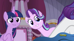 Size: 1920x1080 | Tagged: safe, edit, edited screencap, screencap, rarity, starlight glimmer, twilight sparkle, twilight sparkle (alicorn), alicorn, pony, unicorn, fame and misfortune, cute, female, glimmerbetes, looking at you, mare, raised hoof, smiling