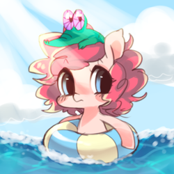 Size: 500x500 | Tagged: dead source, safe, artist:ask-pinkamena-kor, gummy, pinkie pie, earth pony, pony, ask-pinkamena-kor, crepuscular rays, cute, diapinkes, duo, floaty, inner tube, ocean