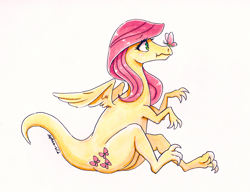 Size: 1280x985 | Tagged: safe, artist:jopiter, fluttershy, butterfly, dinosaur, velociraptor, female, scrunchy face, solo, species swap, veloshyraptor