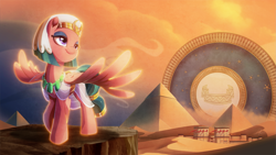 Size: 2667x1500 | Tagged: safe, artist:light262, part of a set, somnambula, pegasus, pony, art pack:heroes ep, blindfold, clothes, desert, female, headdress, jycrow, looking to side, looking to the right, mare, pyramid, raised hoof, smiling, solo, spread wings, wallpaper, wings