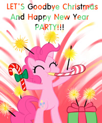 Size: 500x600 | Tagged: safe, artist:apzzang, pinkie pie, pony, ask-grow-pinkie, bipedal, candy cane, party horn, present, solo, sparkler (firework), sparklers