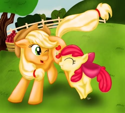 Size: 2000x1800 | Tagged: safe, artist:scooterloo, apple bloom, applejack, earth pony, pony, adorabloom, apple, cute, eyes closed, female, filly, food, playful, pronking, sisters, tree