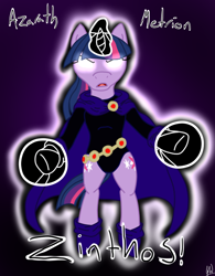 Size: 500x641 | Tagged: safe, artist:glacierfrostclaw, derpibooru import, twilight sparkle, crossover, raven (teen titans), simple background, solo, teen titans, twiraven, voice actor joke