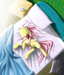 Size: 1467x1711 | Tagged: safe, artist:zigword, fluttershy, pegasus, pony, bed, clock, floppy ears, messy mane, morning ponies, on side, open mouth, solo