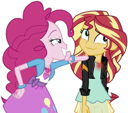 Size: 1153x1024 | Tagged: safe, edit, pinkie pie, sunset shimmer, equestria girls, mirror magic, spoiler:eqg specials, clothes, geode of empathy, geode of sugar bombs, implying, jewelry, lidded eyes, magical geodes, mirror world, necklace, not a vector, pendant, simple background, smiling, transparent background