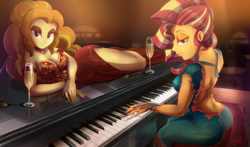 Size: 2500x1468 | Tagged: safe, artist:light262, adagio dazzle, sunset shimmer, human, equestria girls, alcohol, backless, beautiful, beautisexy, bedroom eyes, breasts, cleavage, clothes, cocktail dress, dress, duo, duo female, eyeshadow, female, gem, glass, legs, lidded eyes, looking at you, makeup, piano, pretty, sexy, side slit, siren gem, sitting, sultry, sultry pose, wine, wine glass