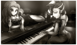 Size: 2566x1516 | Tagged: safe, artist:light262, adagio dazzle, sunset shimmer, equestria girls, bedroom eyes, black and white, champagne, champagne glass, clothes, dress, grayscale, lidded eyes, looking at you, monochrome, piano, retro, vintage