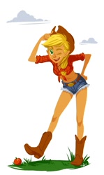 Size: 579x972 | Tagged: safe, artist:lexxercise, applejack, clothes, daisy dukes, front knot midriff, humanized, midriff, solo