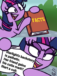 Size: 2048x2737 | Tagged: safe, artist:quarium edits, edit, starlight glimmer, twilight sparkle, twilight sparkle (alicorn), alicorn, 2 panel comic, comic, drama, ed edd n eddy, exploitable meme, meme, op is a cuck, op is trying to start shit, solo, starlight drama, twilight's fact book