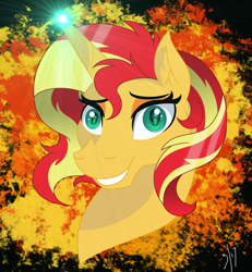 Size: 1024x1107 | Tagged: safe, artist:spiritualpresence, sunset shimmer, pony, unicorn, bust, female, glowing horn, looking at you, magic, mare, portrait, smiling, solo