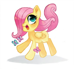 Size: 600x554 | Tagged: safe, artist:kdnoodles, fluttershy, butterfly, pegasus, pony, cute, filly, shyabetes, simple background, solo, younger