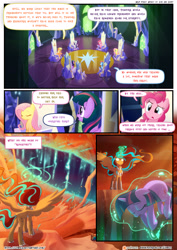 Size: 3500x4950 | Tagged: safe, artist:light262, artist:lummh, applejack, fluttershy, pinkie pie, rainbow dash, rarity, twilight sparkle, twilight sparkle (alicorn), unicorn twilight, oc, oc:princess tempora, alicorn, earth pony, pegasus, pony, unicorn, comic:timey wimey, alicorn oc, comic, dialogue, eyes closed, friendship throne, levitation, magic, mane six, speech bubble, telekinesis, twilight's castle