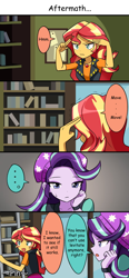 Size: 750x1622 | Tagged: safe, artist:ryuu, starlight glimmer, sunset shimmer, equestria girls, equestria girls series, magical mystery cure, beanie, book, bookshelf, clothes, comic, geode of empathy, hat, ladder, watch