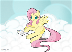 Size: 898x650 | Tagged: safe, artist:autumndeer, fluttershy, pegasus, pony, blushing, cloud, dialogue, female, lying down, mare, paper, picture, smiling, solo