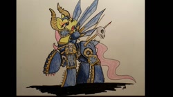 Size: 1280x720 | Tagged: artist needed, safe, fluttershy, pegasus, pony, armor, chaos (warhammer 40k), chaos space marine, derpylicious, jecksy.jeks, power armor, powered exoskeleton, solo, traditional art, warhammer (game), warhammer 40k