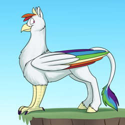 Size: 1000x1000 | Tagged: safe, artist:foxenawolf, oc, oc only, classical hippogriff, hippogriff, fanfic:cosmic lotus, colored wings, fanfic art, male, multicolored wings, parent:rainbow dash, rainbow wings, solo