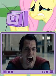 Size: 563x771 | Tagged: safe, fluttershy, pegasus, pony, exploitable meme, fluttercry, man of steel, meme, obligatory pony, superman, tv meme