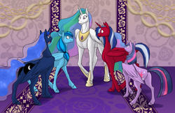 Size: 1000x647 | Tagged: safe, artist:foxenawolf, princess celestia, princess luna, twilight sparkle, twilight sparkle (alicorn), oc, oc:starry path, oc:wandering path, alicorn, pony, fanfic:cosmic lotus, alicorn oc, fanfic, fanfic art, parent:princess luna, parent:twilight sparkle