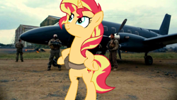 Size: 640x360 | Tagged: safe, editor:kingkek42, sunset shimmer, human, pony, unicorn, equestria girls, mirror magic, spoiler:eqg specials, baneposting, baneposting in the comments, belt, bill wilson, bipedal, cia, cia (batman), exploitable meme, female, irl, irl human, looking up, mare, meme, photo, plane, smee, smiling, the dark knight rises, underhoof, wreckage brother