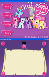 Size: 806x1264 | Tagged: safe, screencap, applejack, derpy hooves, fluttershy, pinkie pie, rainbow dash, rarity, twilight sparkle, earth pony, pegasus, pony, unicorn, female, mane six, mare, my little pony logo, official, quiz, software