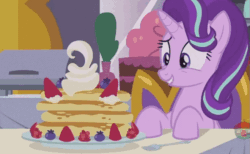 Size: 659x407 | Tagged: safe, screencap, starlight glimmer, pony, unicorn, a royal problem, animated, blueberry, breakfast, eye shimmer, food, pancakes, solo, strawberry, whipped cream
