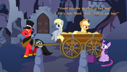 Size: 960x540 | Tagged: safe, edit, applejack, big macintosh, derpy hooves, twilight sparkle, earth pony, pony, castle of the royal pony sisters, dialogue, halloween, hay ride, implied lesbian, implied shipping, implied twijack, male, spooky, stallion, suitcase, wagon, young frankenstein