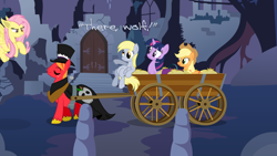 Size: 960x540 | Tagged: safe, edit, applejack, big macintosh, derpy hooves, fluttershy, twilight sparkle, earth pony, pony, castle of the royal pony sisters, flutterbat, male, stallion, suitcase, wagon, young frankenstein