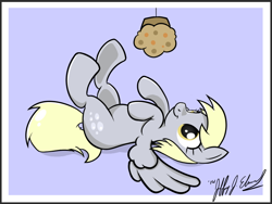 Size: 800x600 | Tagged: safe, artist:turkthewolf, derpy hooves, pegasus, pony, cute, derpabetes, eyes on the prize, female, legs in air, mare, muffin, on back, smiling, solo, spread wings