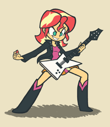 Size: 950x1100 | Tagged: safe, artist:khuzang, sunset shimmer, equestria girls, boots, clothes, electric guitar, female, guitar, hilarious in hindsight, shoes, simple background, skirt, smiling, solo, sunset shredder