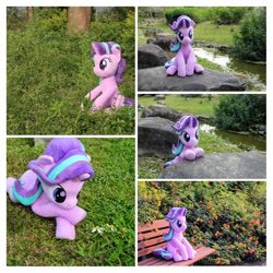 Size: 1024x1024 | Tagged: safe, artist:nekokevin, starlight glimmer, pony, unicorn, series:nekokevin's glimmy, bench, cute, flower, glimmerbetes, irl, nature, photo, plushie, pond, sitting, solo