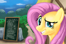 Size: 1800x1200 | Tagged: safe, artist:shade-os, fluttershy, pegasus, pony, alternative medicine, always works, doctor fluttershy, dreamworks face, grin, looking at you, menu, quack, raised eyebrow, smiling, solo