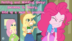 Size: 1280x720 | Tagged: safe, edit, edited screencap, screencap, applejack, fluttershy, pinkie pie, equestria girls, equestria girls (movie), cards against equestria girls, implied farting, lip bite