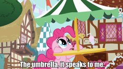 Size: 960x539 | Tagged: safe, pinkie pie, earth pony, pony, female, image macro, mare, pink coat, pink mane, solo, umbrella