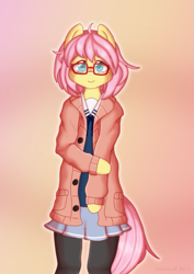 Size: 523x740 | Tagged: safe, artist:daikaluff, fluttershy, anthro, glasses, kyoukai no kanata, mirai kuriyama, parody, solo