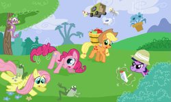 Size: 801x481 | Tagged: safe, artist:shuffle001, applejack, derpy hooves, fluttershy, pinkie pie, spike, twilight sparkle, dragon, earth pony, frog, pegasus, pony, feeling pinkie keen, apple, female, flower, flying, hat, magic, mare, pencil, pith helmet, tree